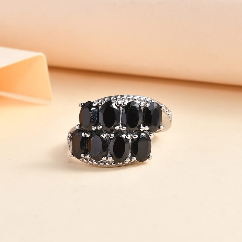 Thai Black Spinel Bypass Ring in Stainless Steel (Size 9.0) 4.60 ctw