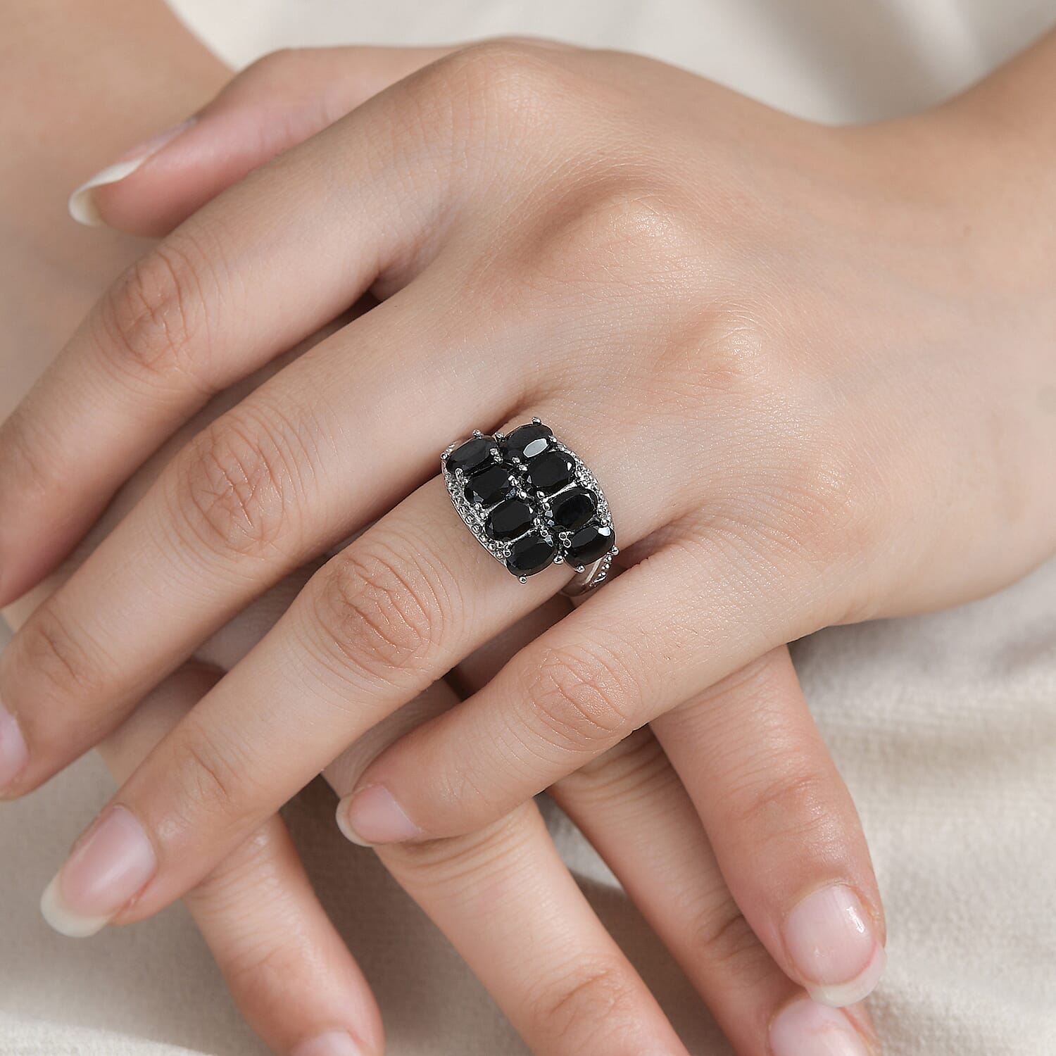 Thai Black Spinel Bypass Ring in Stainless Steel (Size 9.0) 4.60 ctw