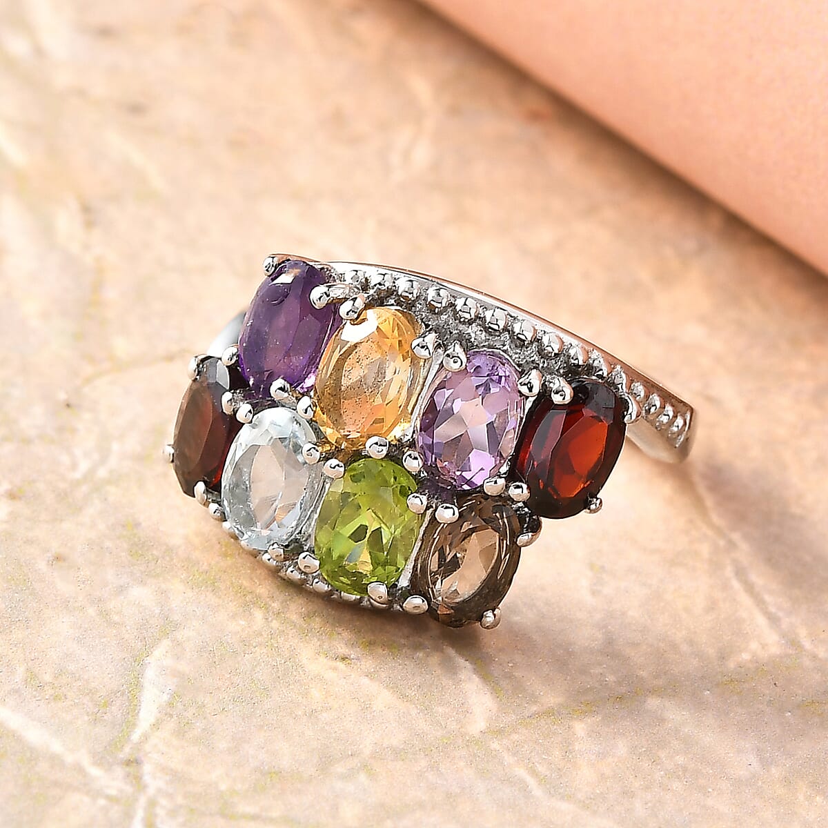 Multi Gemstone Bypass Ring in Stainless Steel (Size 7.0) 3.90 ctw image number 1