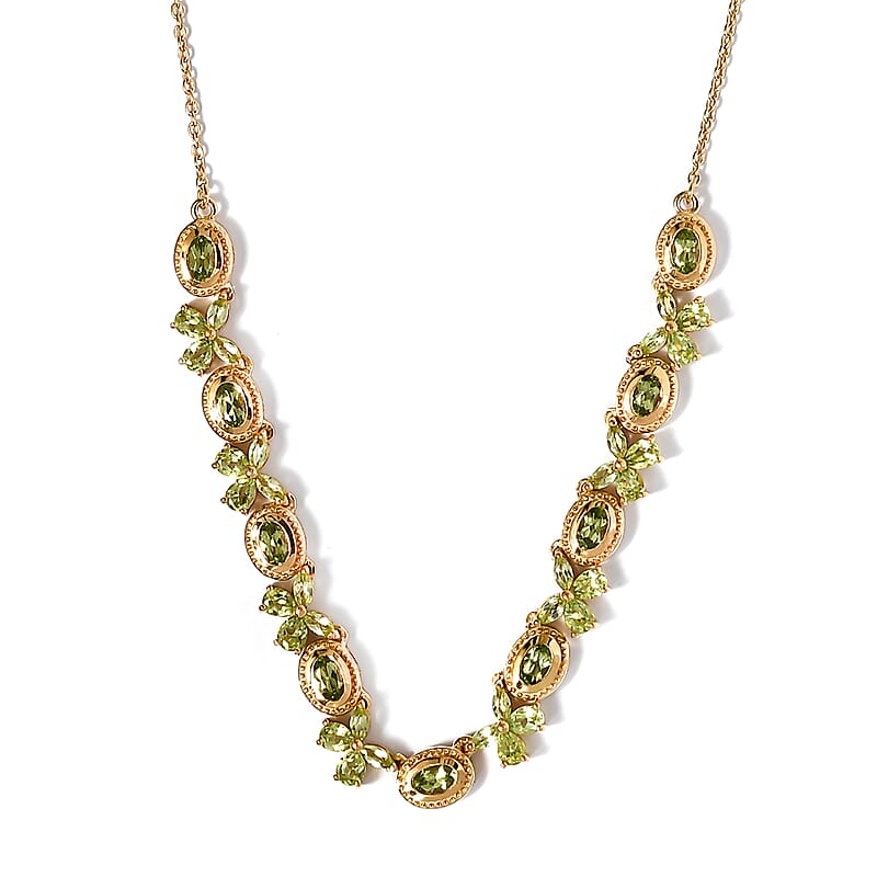 Arizona Peridot Floral Station Necklace 18 Inches in Vermeil Yellow Gold Over Sterling Silver 12.45 Grams 5.80 ctw