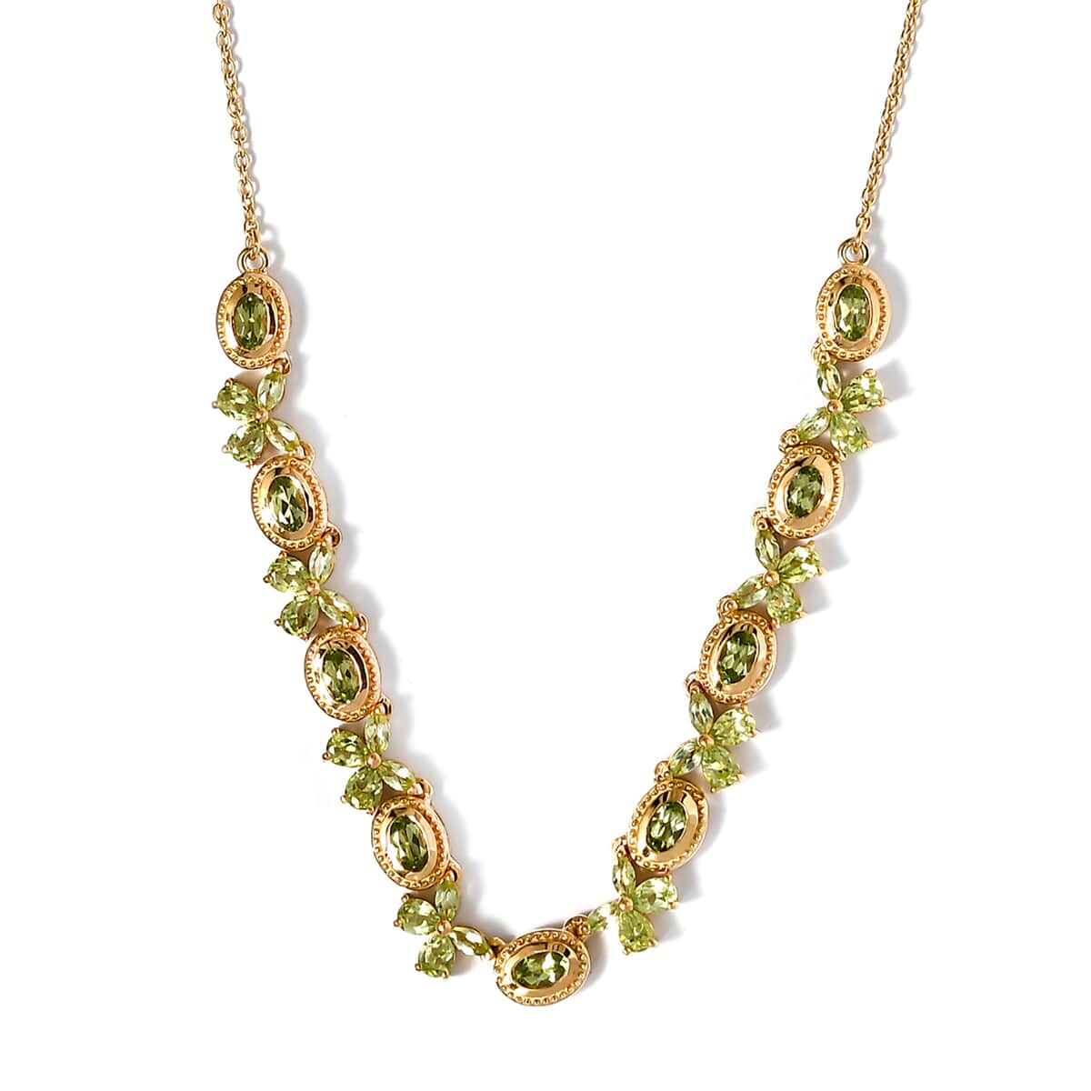 American Natural Arizona Peridot Floral Station Necklace 18 Inches in Vermeil Yellow Gold Over Sterling Silver 12.45 Grams 5.80 ctw image number 0
