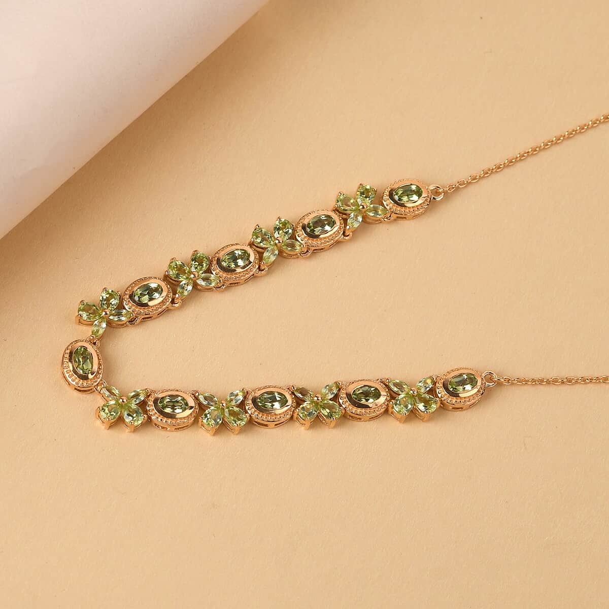 American Natural Arizona Peridot Floral Station Necklace 18 Inches in Vermeil Yellow Gold Over Sterling Silver 12.45 Grams 5.80 ctw image number 1