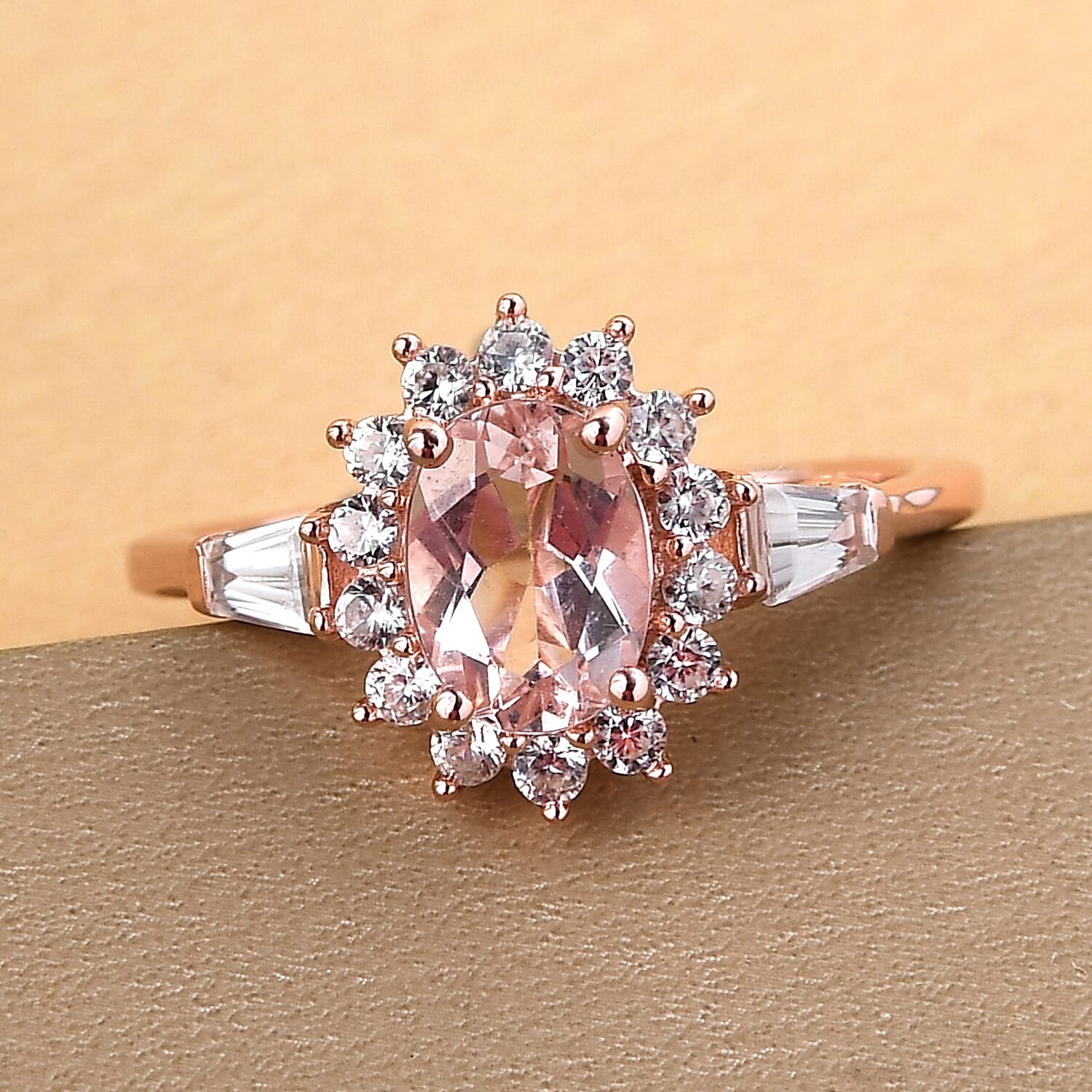 Marropino Morganite and Natural White Zircon Sunburst Ring in Vermeil Rose Gold Over Sterling Silver (Size 10.0) 1.25 ctw