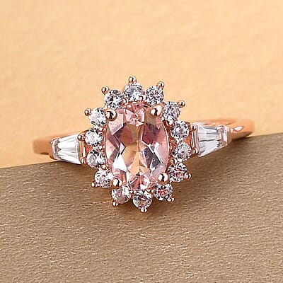 Marropino Morganite and Natural White Zircon Sunburst Ring in Vermeil Rose Gold Over Sterling Silver (Size 10.0) 1.25 ctw