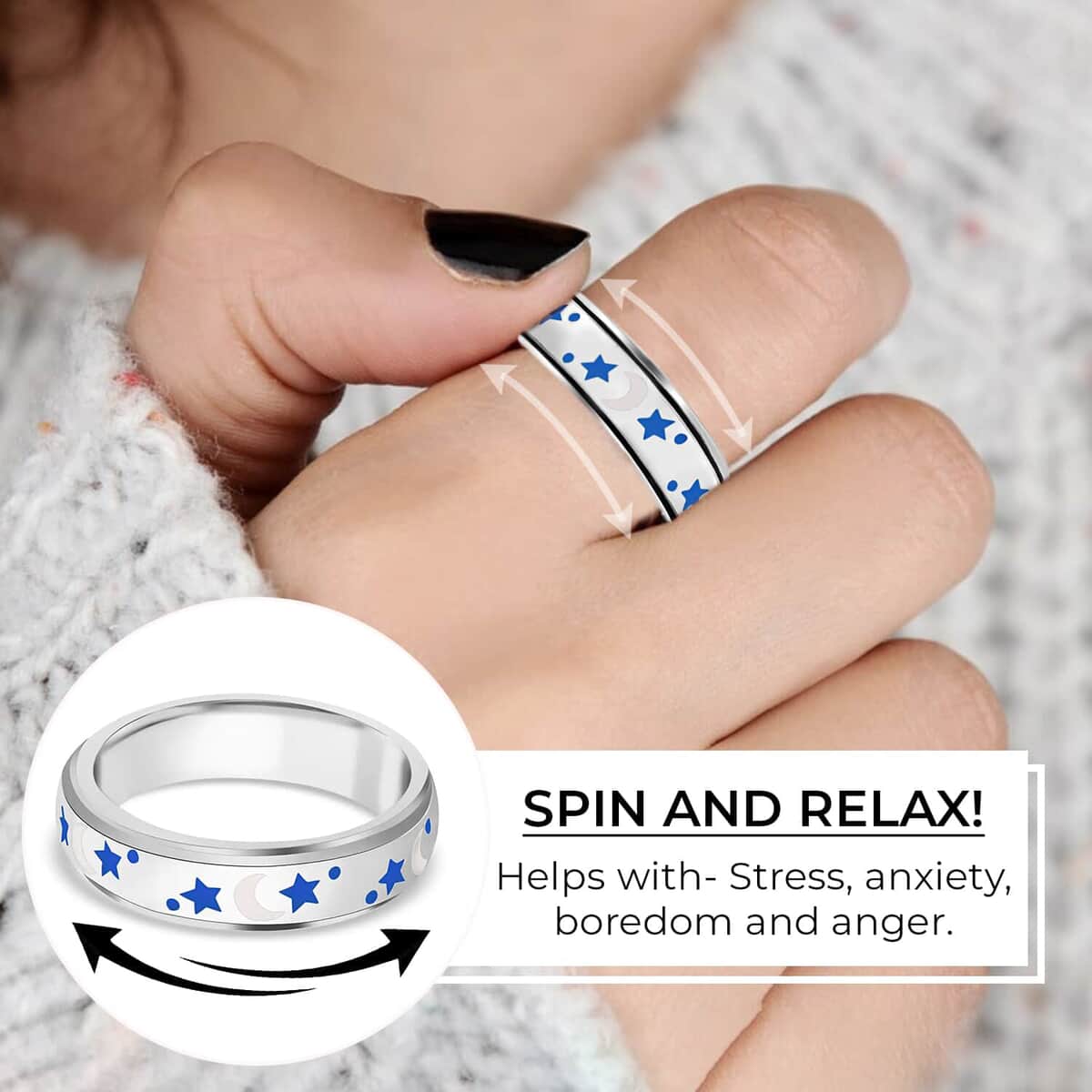 925 Sterling Silver Fidget Ring Spinner Ring Moon Star Anxiety Ring for Women Enameled Jewelry Birthday Gifts image number 2