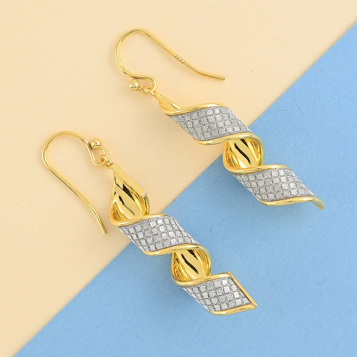 14K Yellow Gold Plated Sterling Silver Glitter Sandblast Spiral Earrings 3.20 Grams image number 1