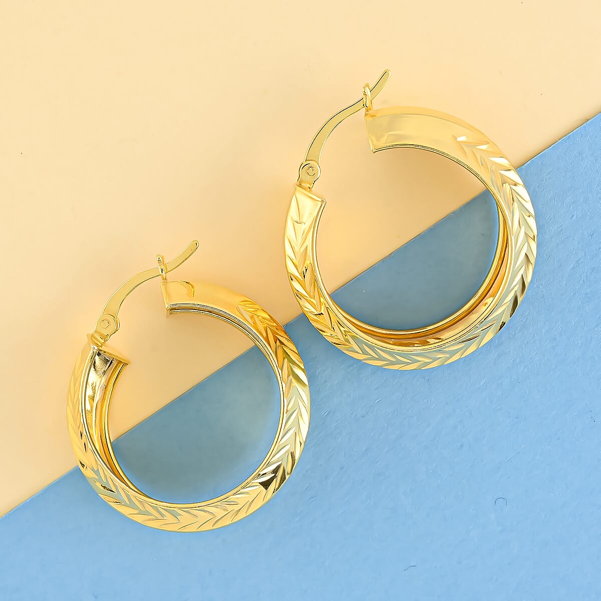 14K Yellow Gold Plated Sterling Silver Chevron Hoop Earrings 4 Grams image number 1