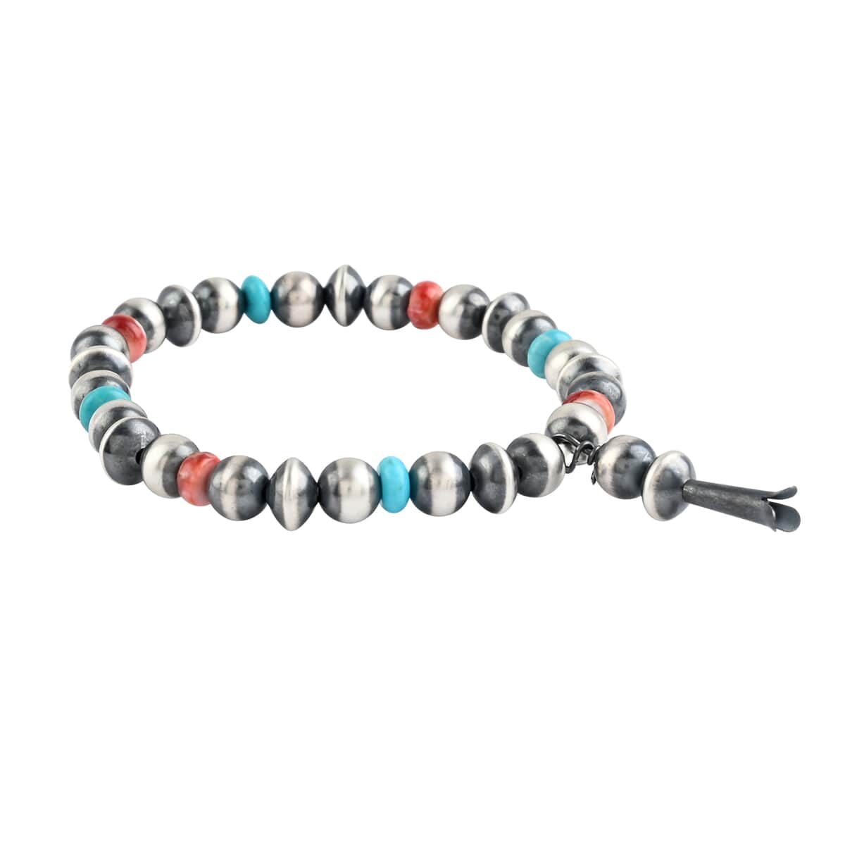 MADE IN AMERICA SANTA FE Style Turquoise and Red Spiny Oyster Shell Navajo Pearl Beaded Stretch Bracelet with Tassel Charm in Sterling Silver 10.70 Grams 1.25 ctw image number 0