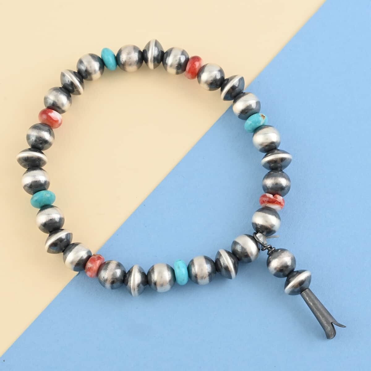 MADE IN AMERICA SANTA FE Style Turquoise and Red Spiny Oyster Shell Navajo Pearl Beaded Stretch Bracelet with Tassel Charm in Sterling Silver 10.70 Grams 1.25 ctw image number 1