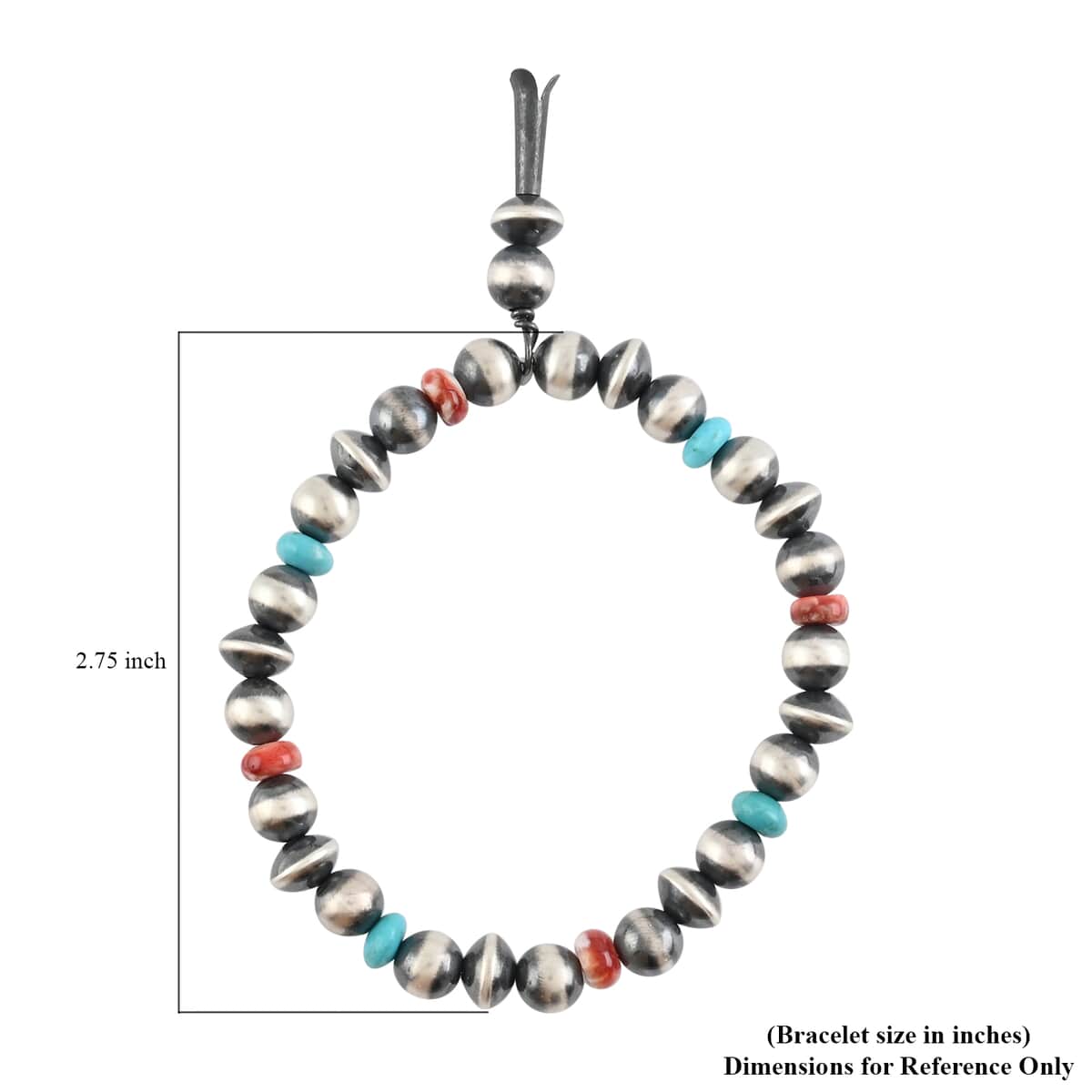 MADE IN AMERICA SANTA FE Style Turquoise and Red Spiny Oyster Shell Navajo Pearl Beaded Stretch Bracelet with Tassel Charm in Sterling Silver 10.70 Grams 1.25 ctw image number 3