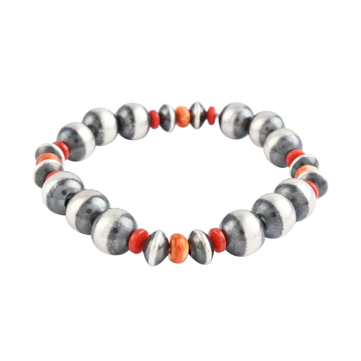 MADE IN AMERICA Santa Fe Style Coral and Navajo Pearl Beaded Stretch Bracelet in Sterling Silver image number 0