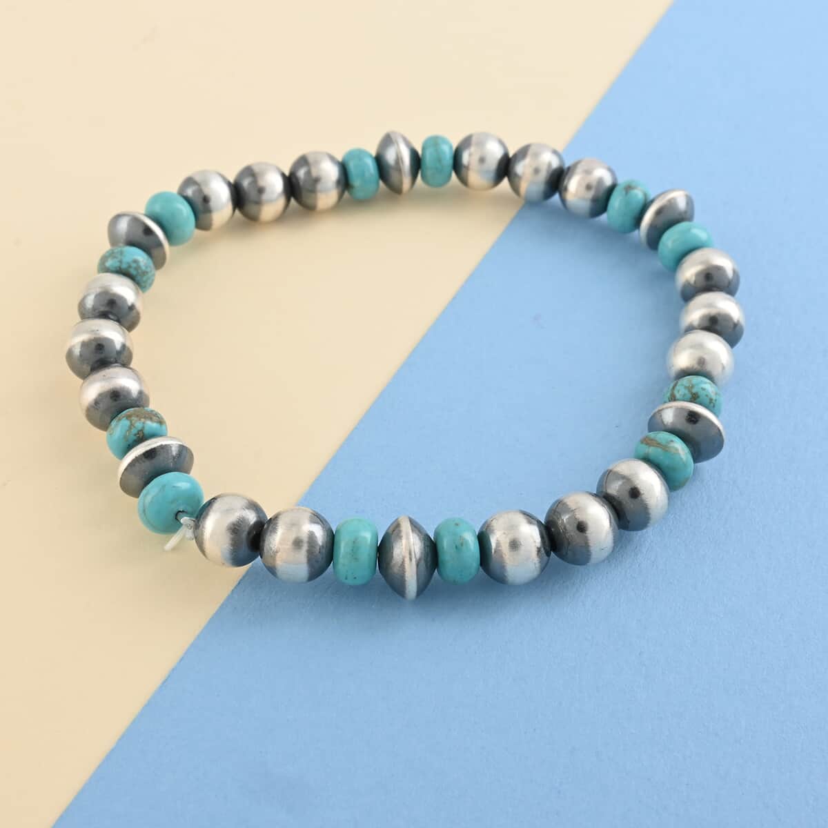 SUMMER DEALS MADE IN AMERICA SANTA FE Style Turquoise Navajo Pearl Stretch Bracelet in Sterling Silver 10 Grams 4.50 ctw image number 1