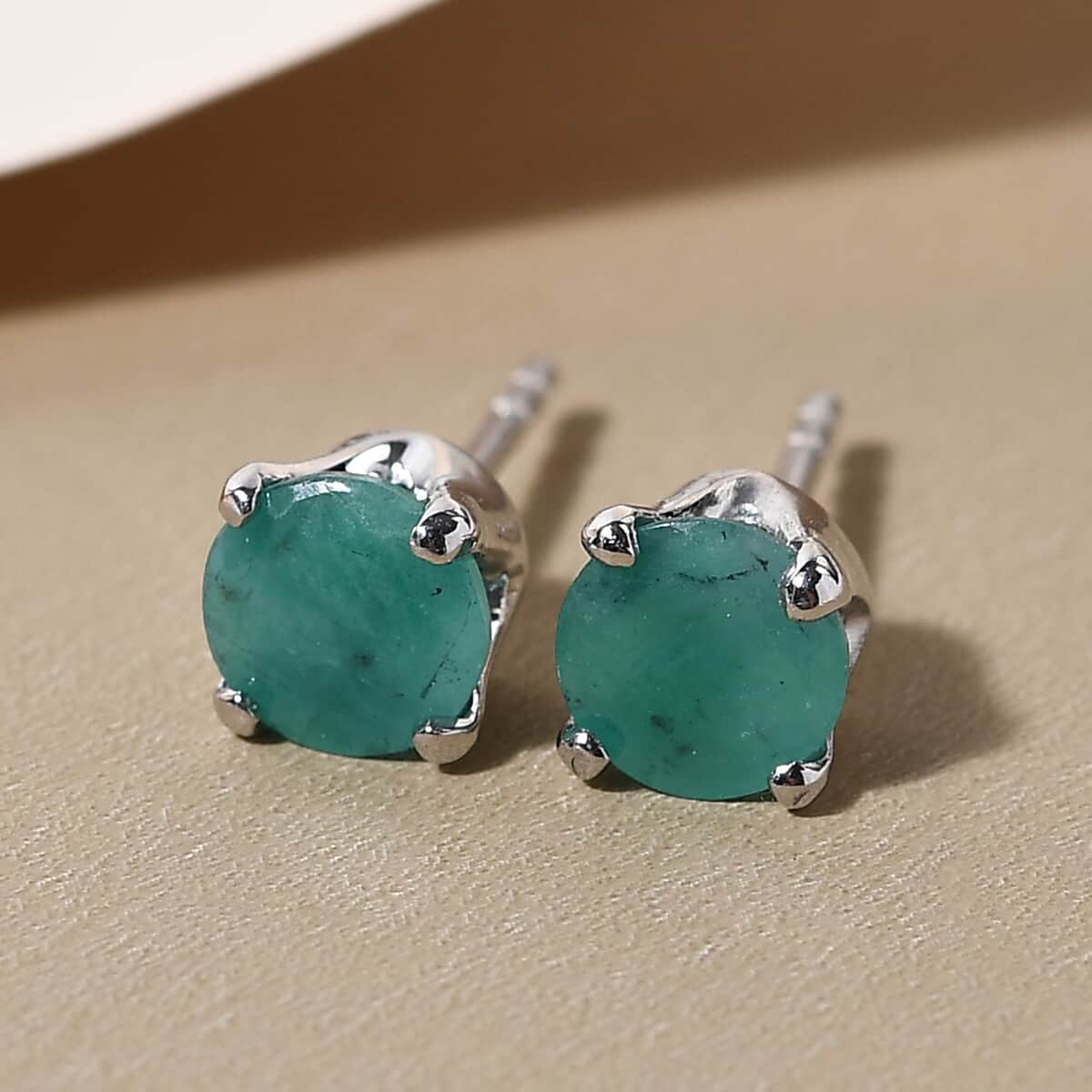 Socoto Emerald Earrings, Stud Earrings For Women, Solitaire Earrings, Round Shape Emerald Solitaire, Platinum Plated Sterling Silver Earrings 1.80 ctw image number 1