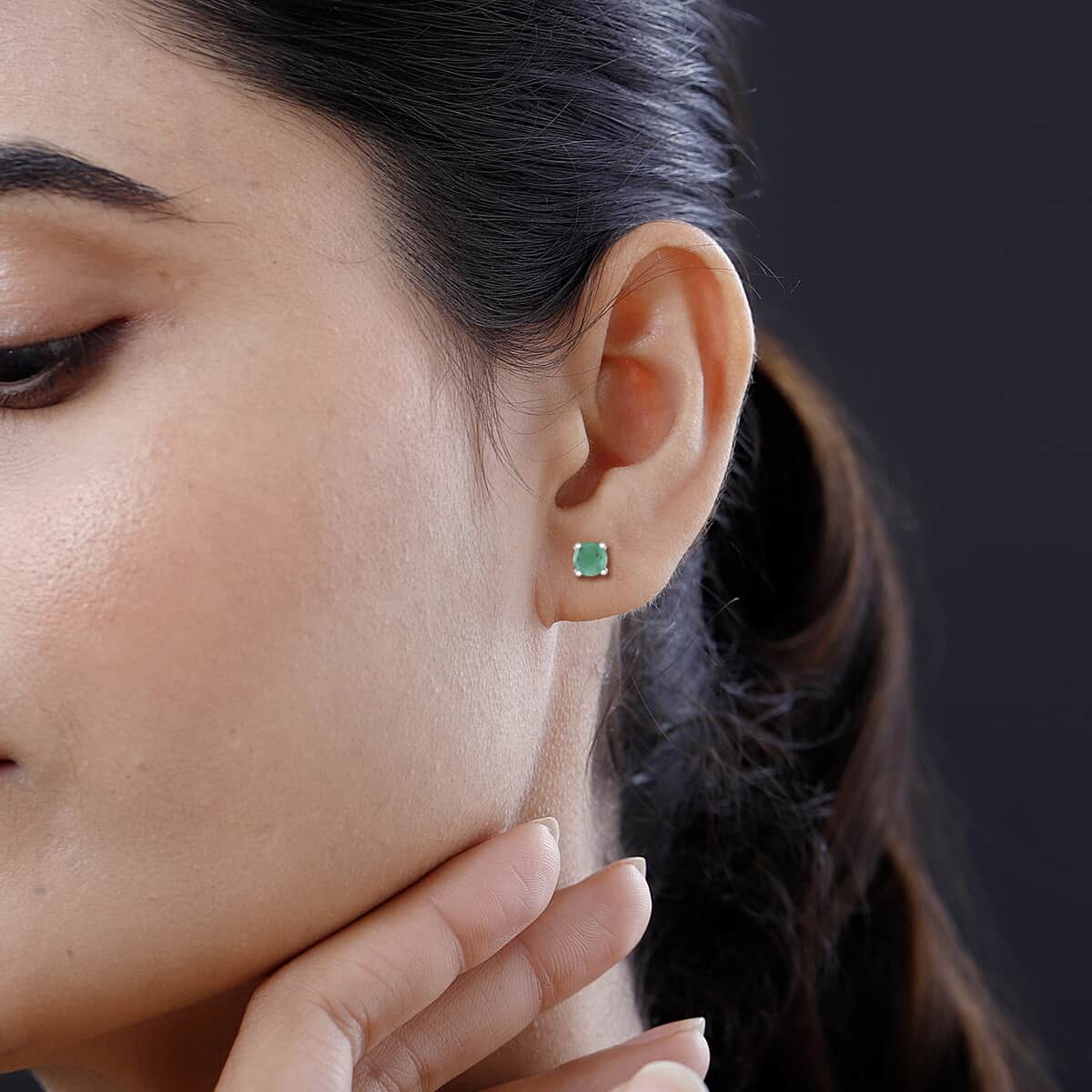 Socoto Emerald Earrings, Stud Earrings For Women, Solitaire Earrings, Round Shape Emerald Solitaire, Platinum Plated Sterling Silver Earrings 1.80 ctw image number 2
