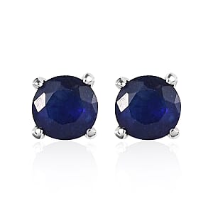 Masoala Sapphire (D) 1.80 ctw Earrings, Stud Earrings For Women, Solitaire Earrings, Round Shape Sapphire Solitaire, Platinum Plated Sterling Silver Earrings