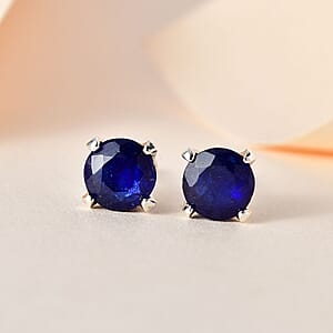 Masoala Sapphire (D) 1.80 ctw Earrings, Stud Earrings For Women, Solitaire Earrings, Round Shape Sapphire Solitaire, Platinum Plated Sterling Silver Earrings