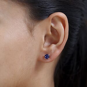 Masoala Sapphire (D) 1.80 ctw Earrings, Stud Earrings For Women, Solitaire Earrings, Round Shape Sapphire Solitaire, Platinum Plated Sterling Silver Earrings