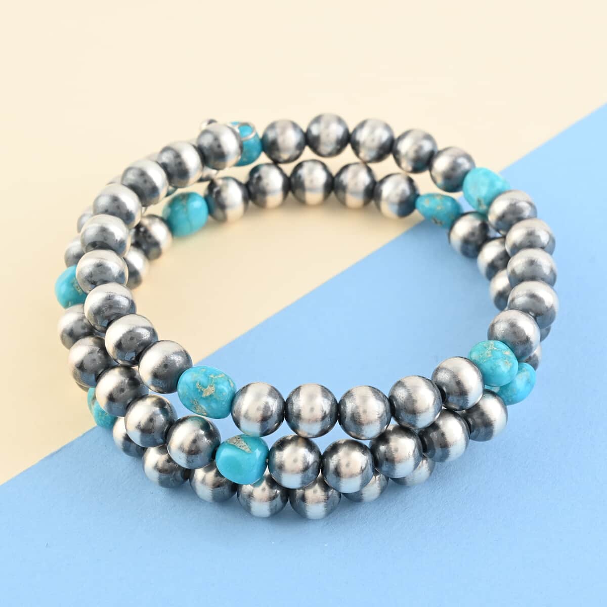 MADE IN AMERICA Santa Fe Style Turquoise and Navajo Pearls Beaded Wrap Bracelet in Sterling Silver 4.75 ctw image number 1