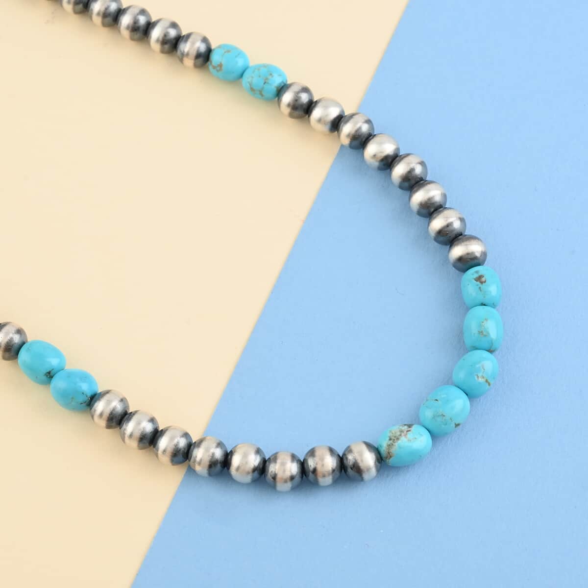 ONE OF A KIND MADE IN AMERICA Santa Fe Style Turquoise Navajo Pearls Beaded Necklace (32 Inches) in Sterling Silver (39.7 g) 30.00 ctw image number 1