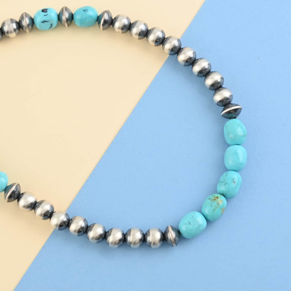 SUMMER DEALS ONE OF A KIND MADE IN AMERICA Santa Fe Style Turquoise Navajo Pearl Necklace 38 Inches in Sterling Silver 50.6 Grams 50.00 ctw image number 1
