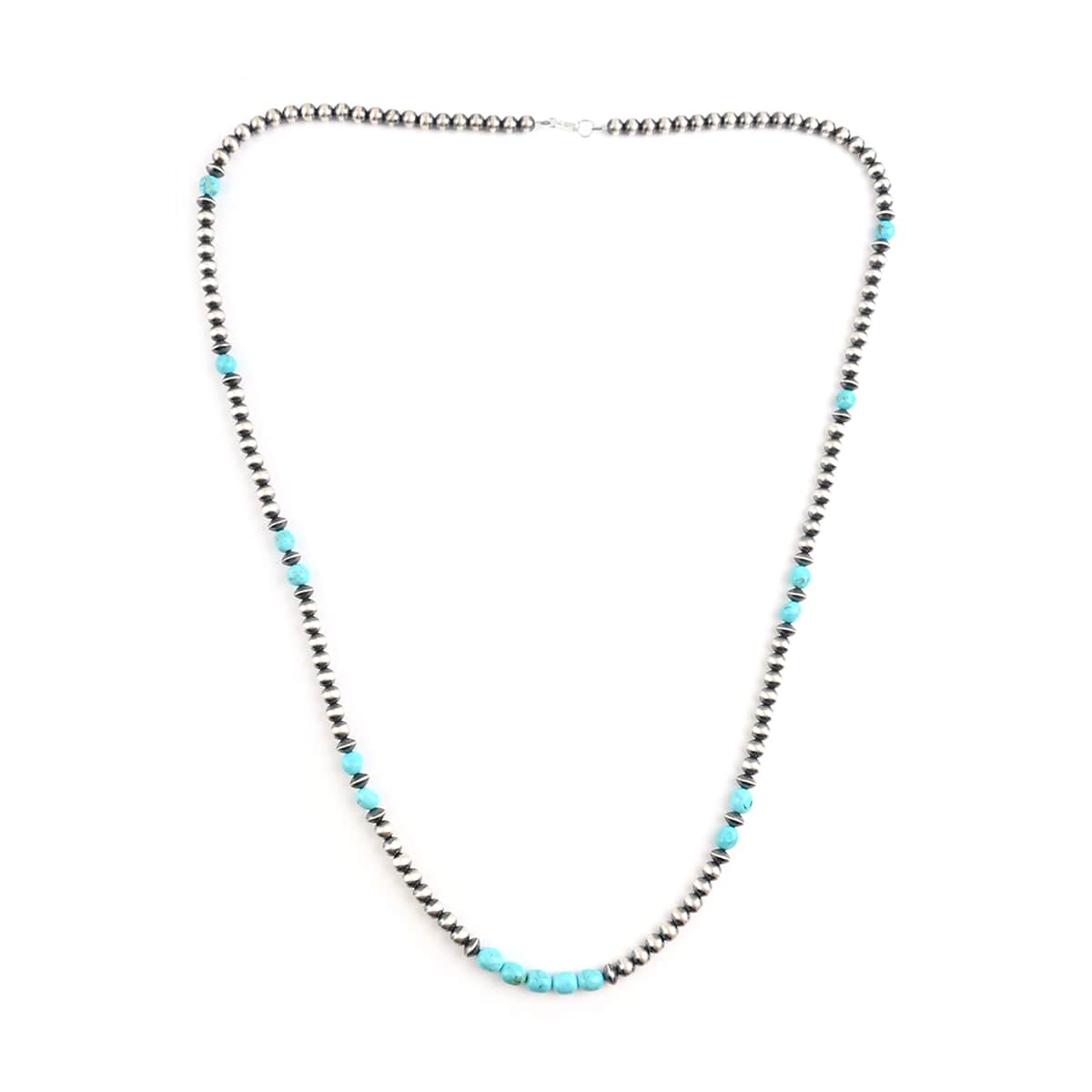 SUMMER DEALS ONE OF A KIND MADE IN AMERICA Santa Fe Style Turquoise Navajo Pearl Necklace 38 Inches in Sterling Silver 50.6 Grams 50.00 ctw image number 2