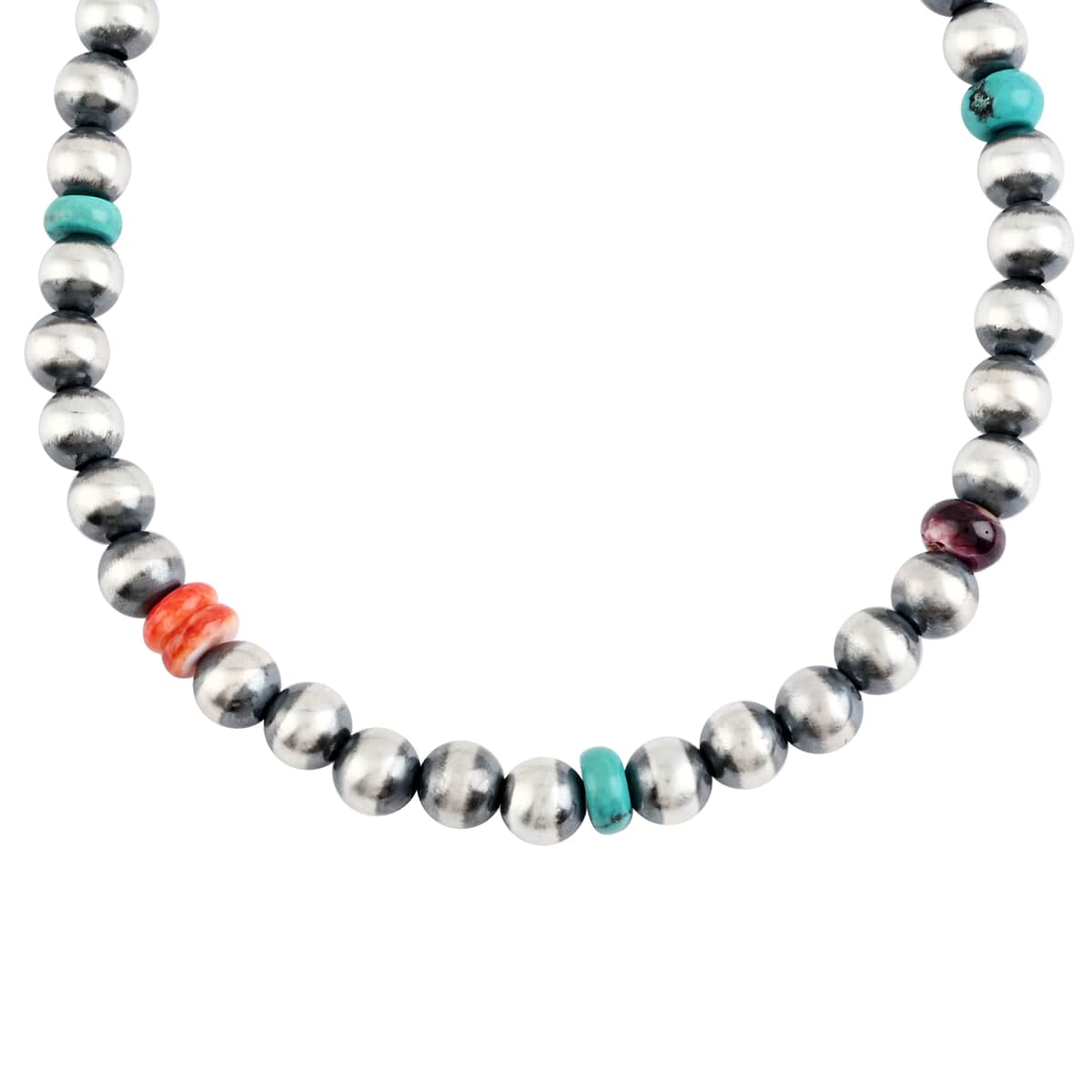 SANTA FE Style Turquoise and Spiny Oyster Shell Navajo Pearls Beaded Necklace 60 Inches in Sterling Silver 91 Grams 20.00 ctw image number 0