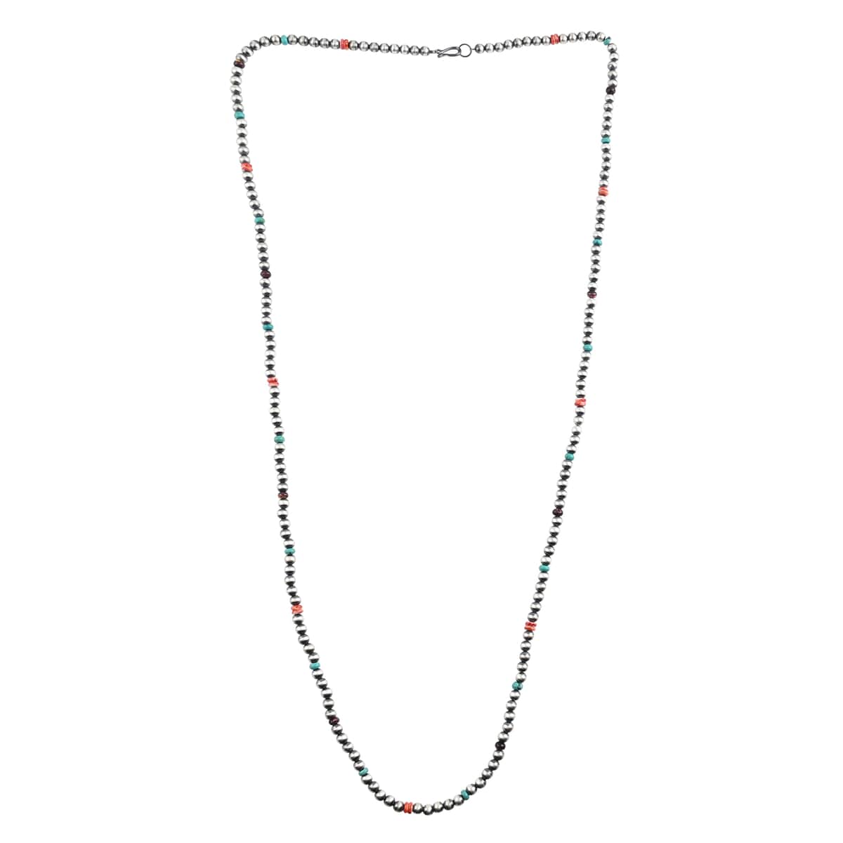 SANTA FE Style Turquoise and Spiny Oyster Shell Navajo Pearls Beaded Necklace 60 Inches in Sterling Silver 91 Grams 20.00 ctw image number 3