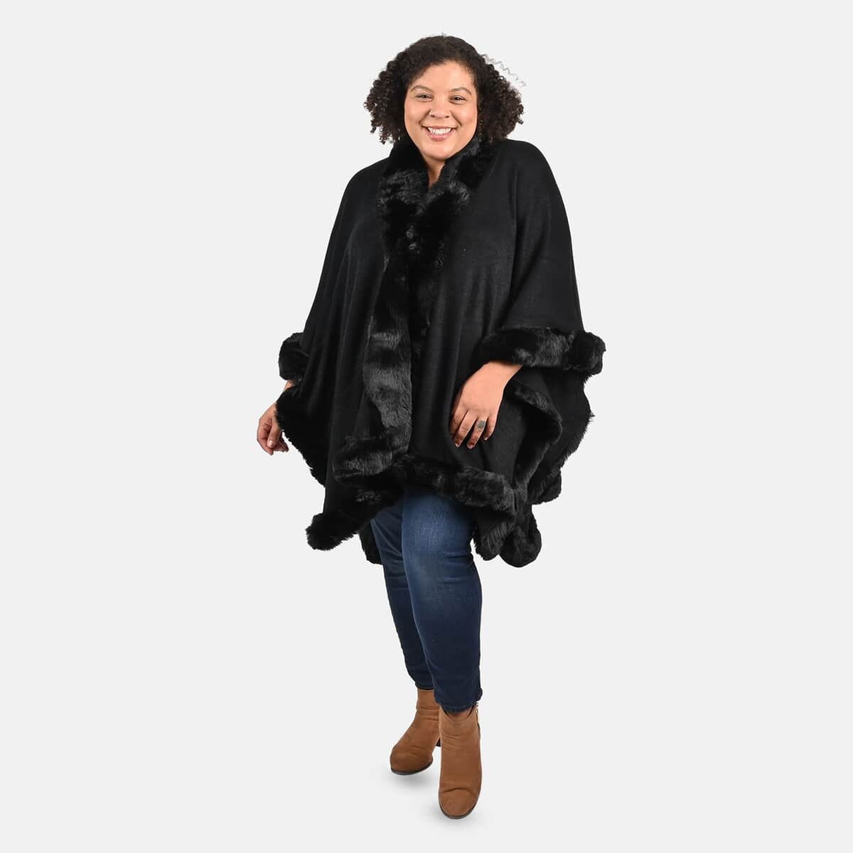 TAMSY Black Ruana with Faux Fur Trim - One Size Fits Most image number 0