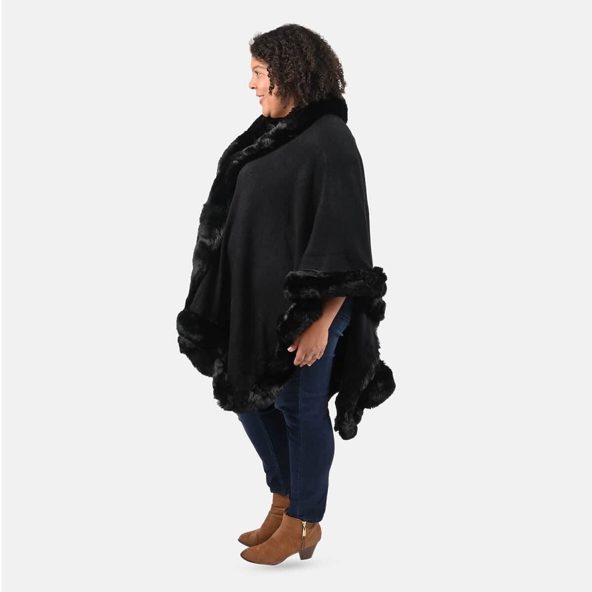 TAMSY Black Ruana with Faux Fur Trim - One Size Fits Most image number 2