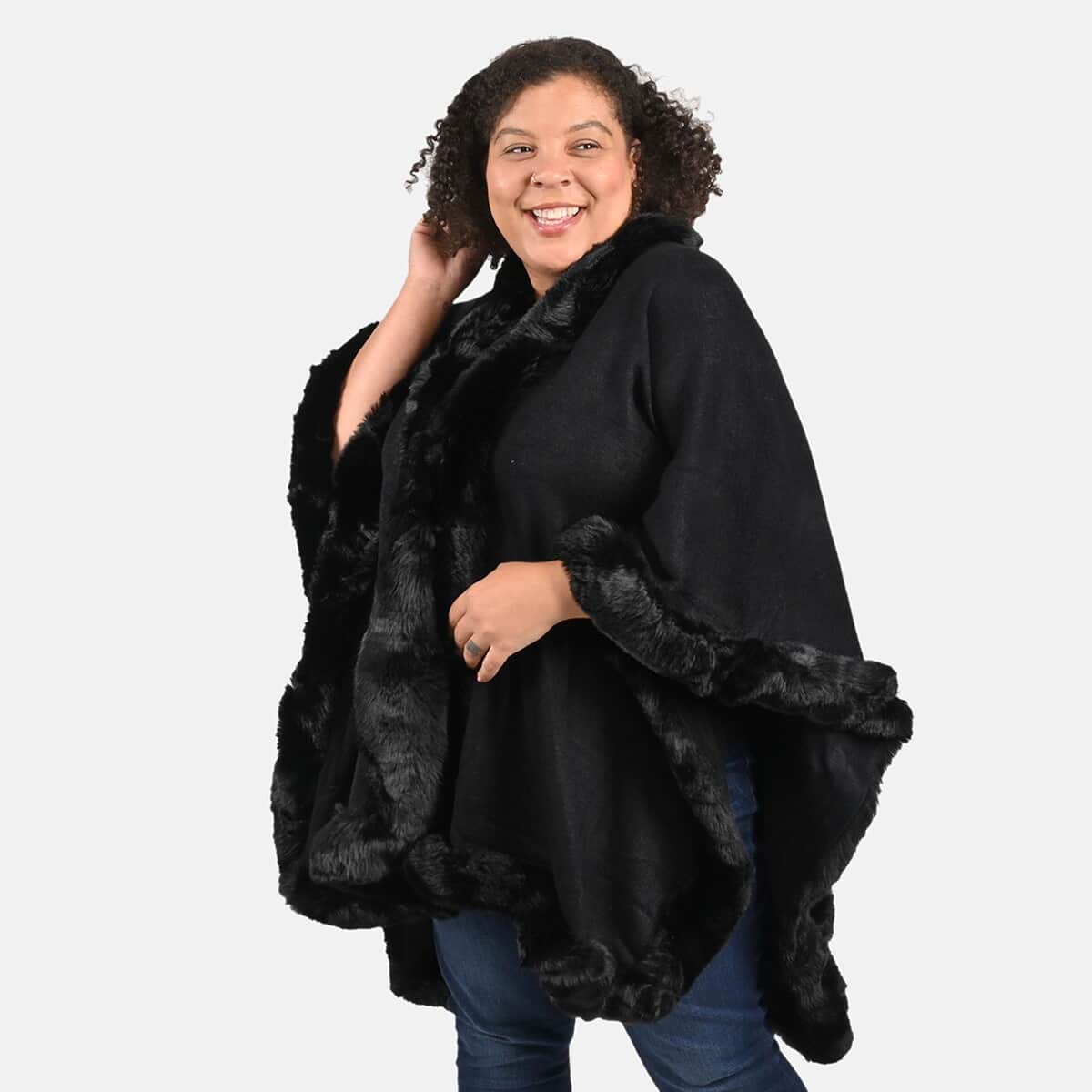 TAMSY Black Ruana with Faux Fur Trim - One Size Fits Most image number 3