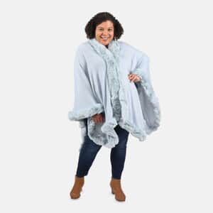 Tamsy Ice Blue Ruana with Faux Fur Trim - One Size Fits Most