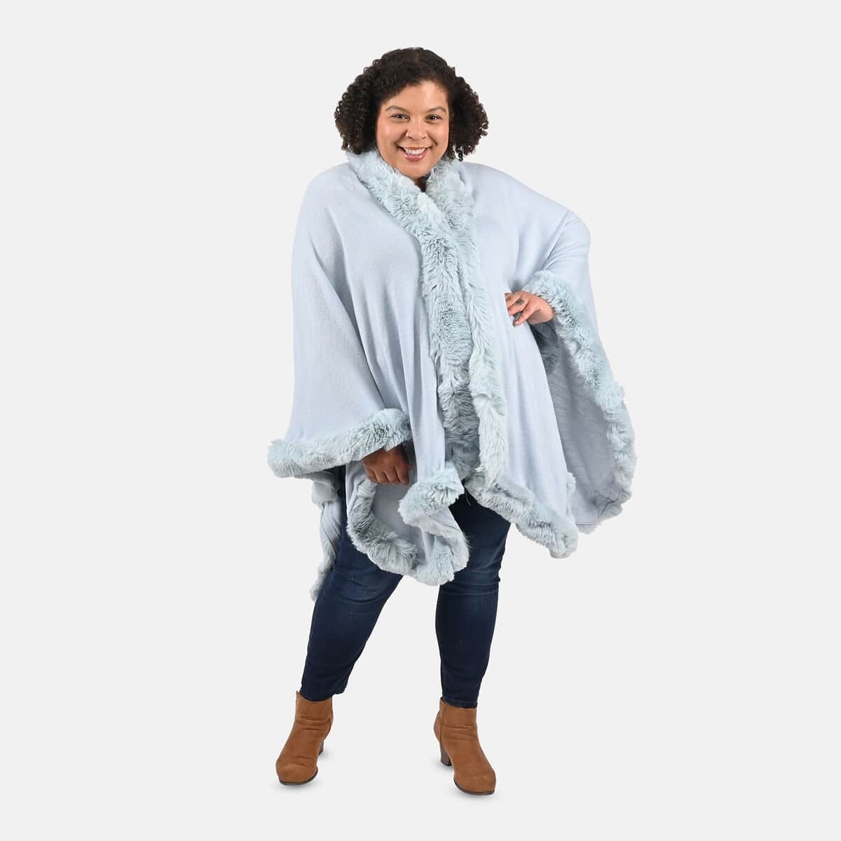 Tamsy Ice Blue Ruana with Faux Fur Trim - One Size Fits Most image number 0