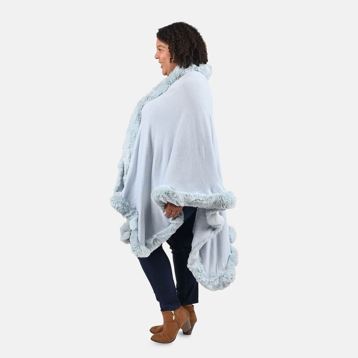 Tamsy Ice Blue Ruana with Faux Fur Trim - One Size Fits Most image number 2
