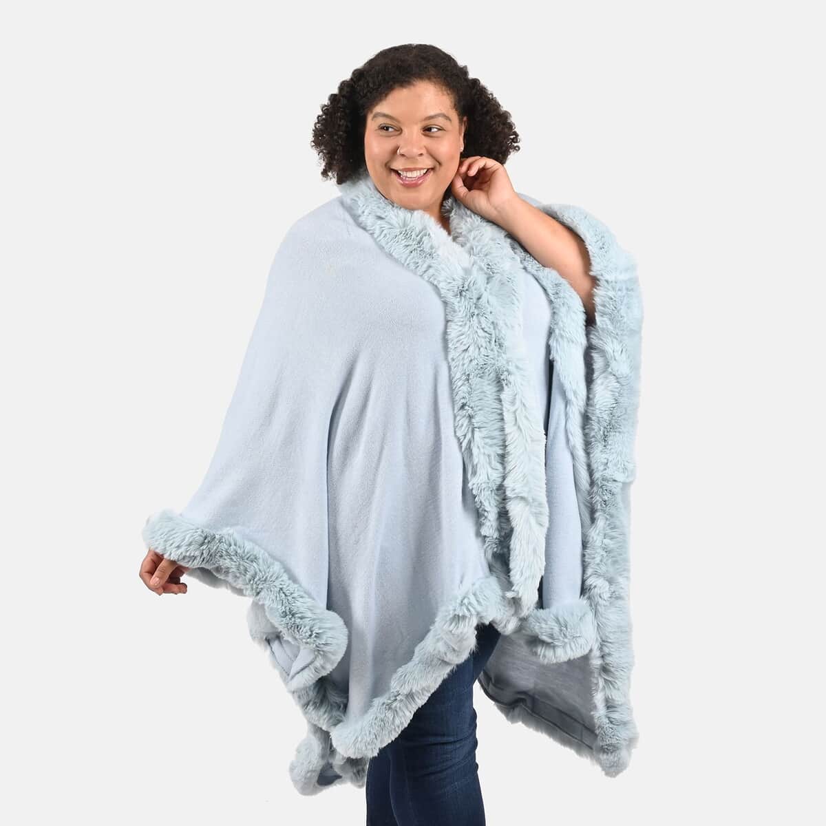 Tamsy Ice Blue Ruana with Faux Fur Trim - One Size Fits Most image number 3