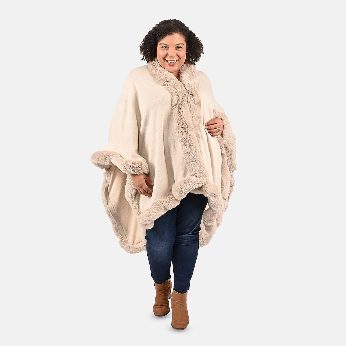 Tamsy Cream Ruana with Faux Fur Trim - One Size Fits Most image number 0