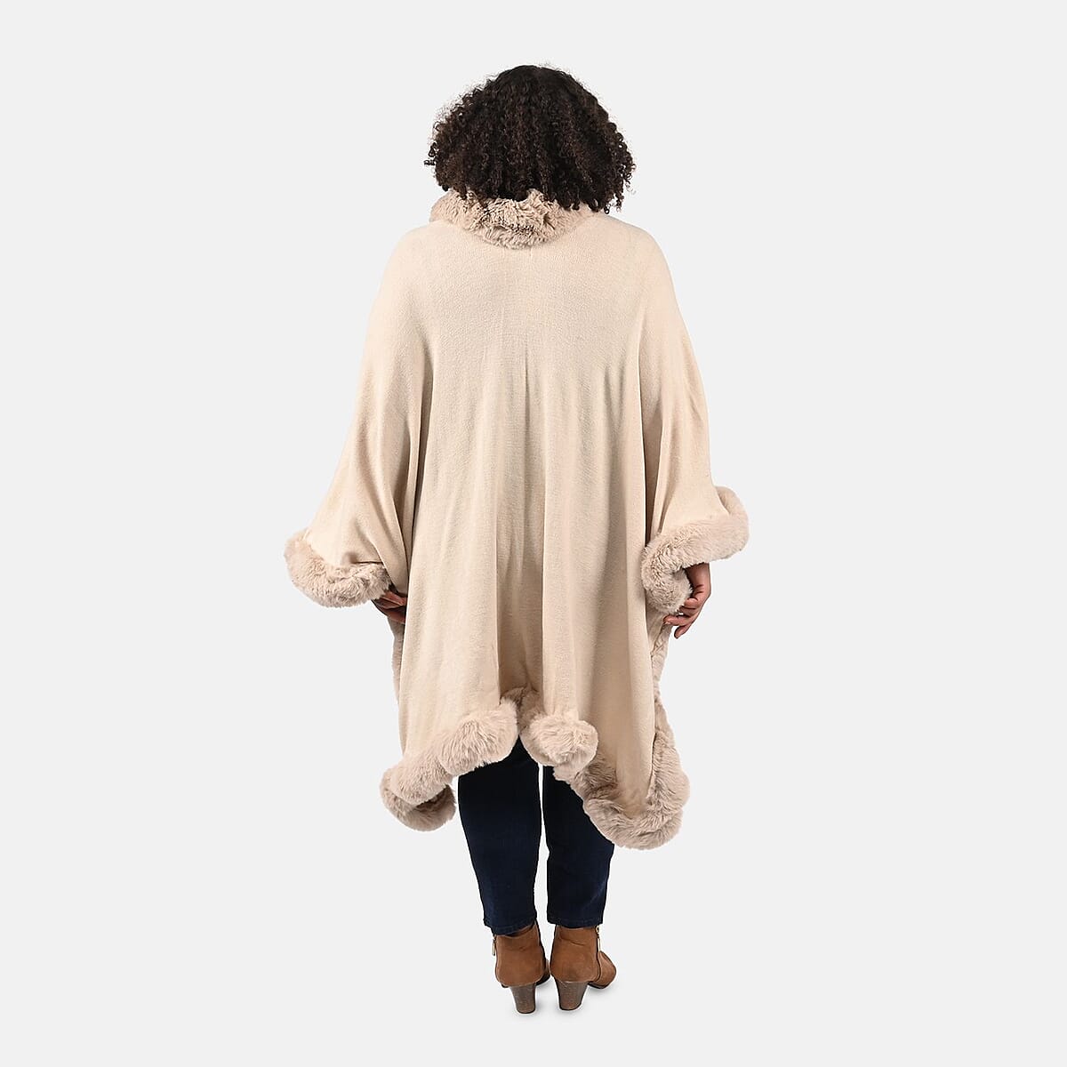 Tamsy Cream Ruana with Faux Fur Trim - One Size Fits Most image number 1