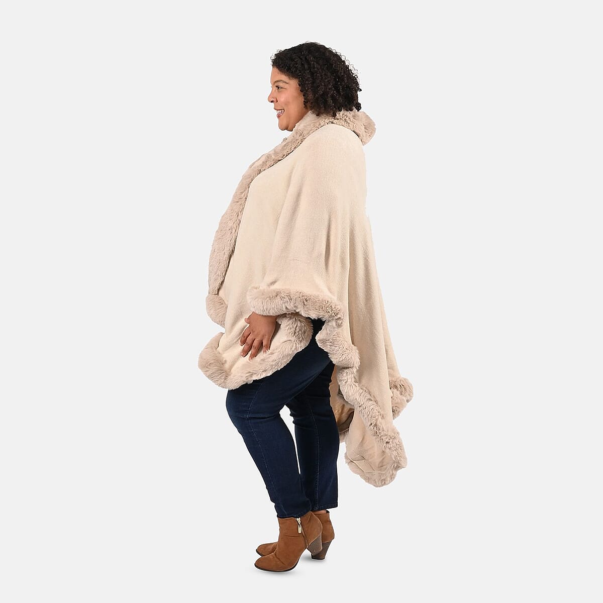 Tamsy Cream Ruana with Faux Fur Trim - One Size Fits Most image number 2