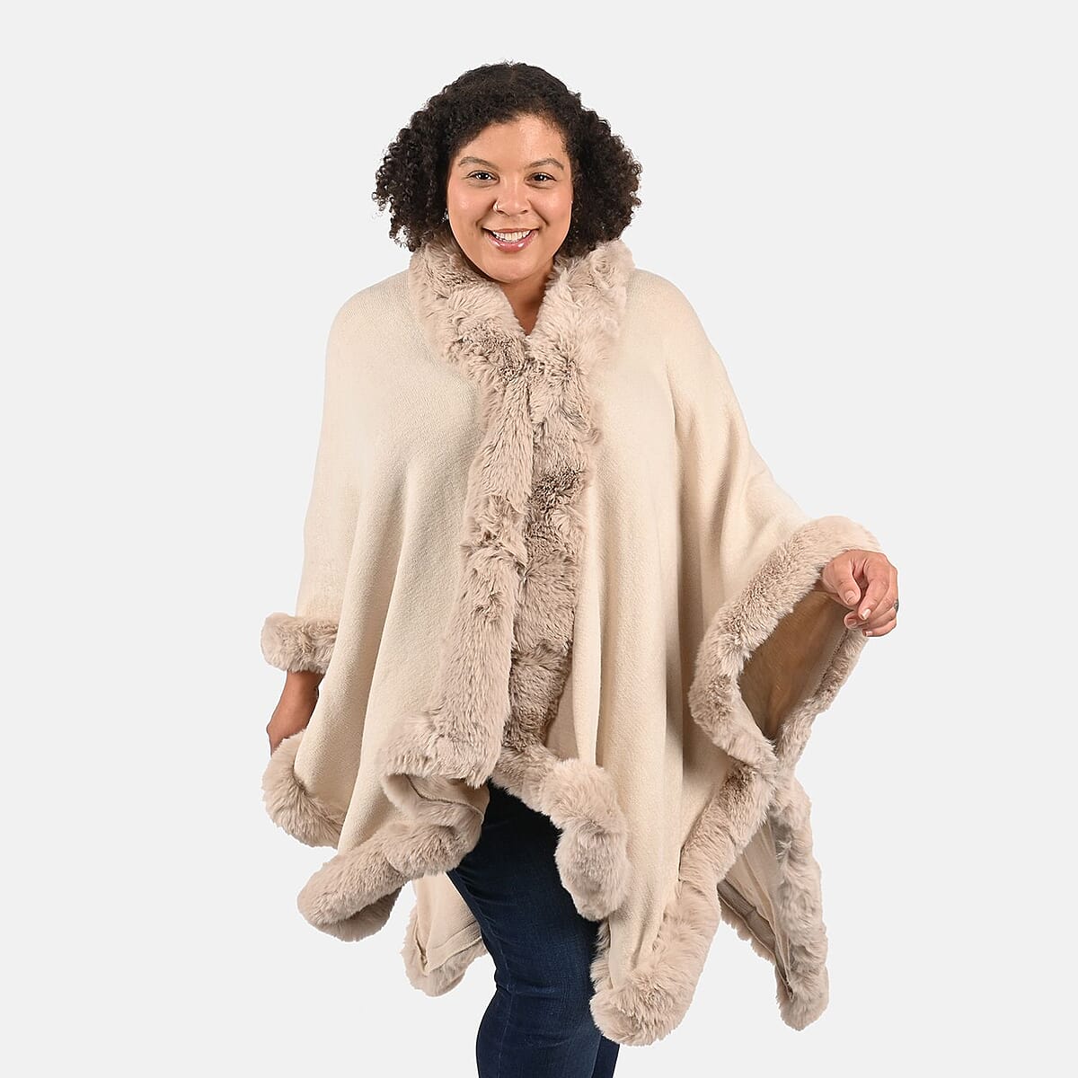 Tamsy Cream Ruana with Faux Fur Trim - One Size Fits Most image number 3