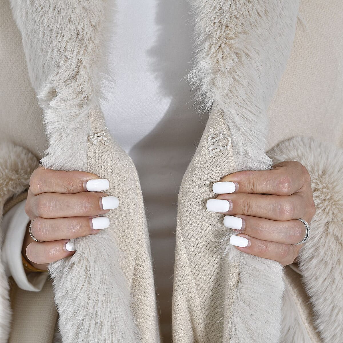 Tamsy Cream Ruana with Faux Fur Trim - One Size Fits Most image number 6