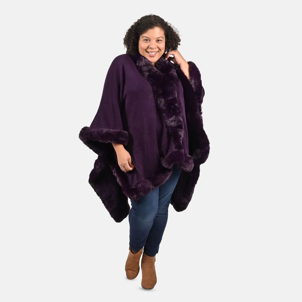 Tamsy Purple Ruana with Faux Fur Trim - One Size Fits Most image number 0