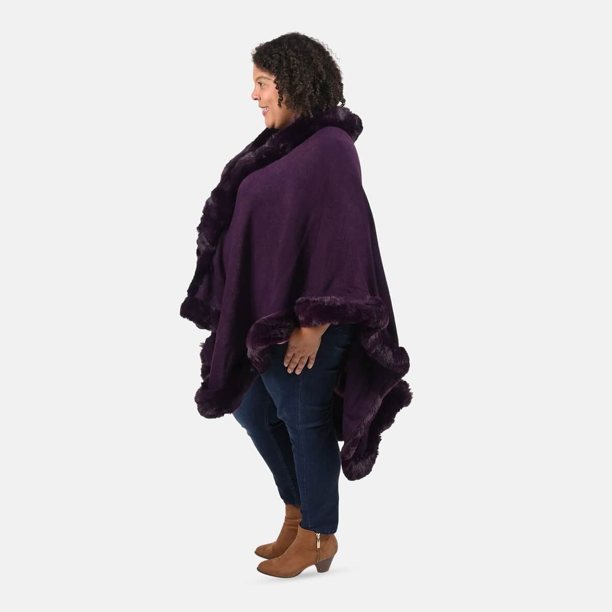 Tamsy Purple Ruana with Faux Fur Trim - One Size Fits Most image number 2