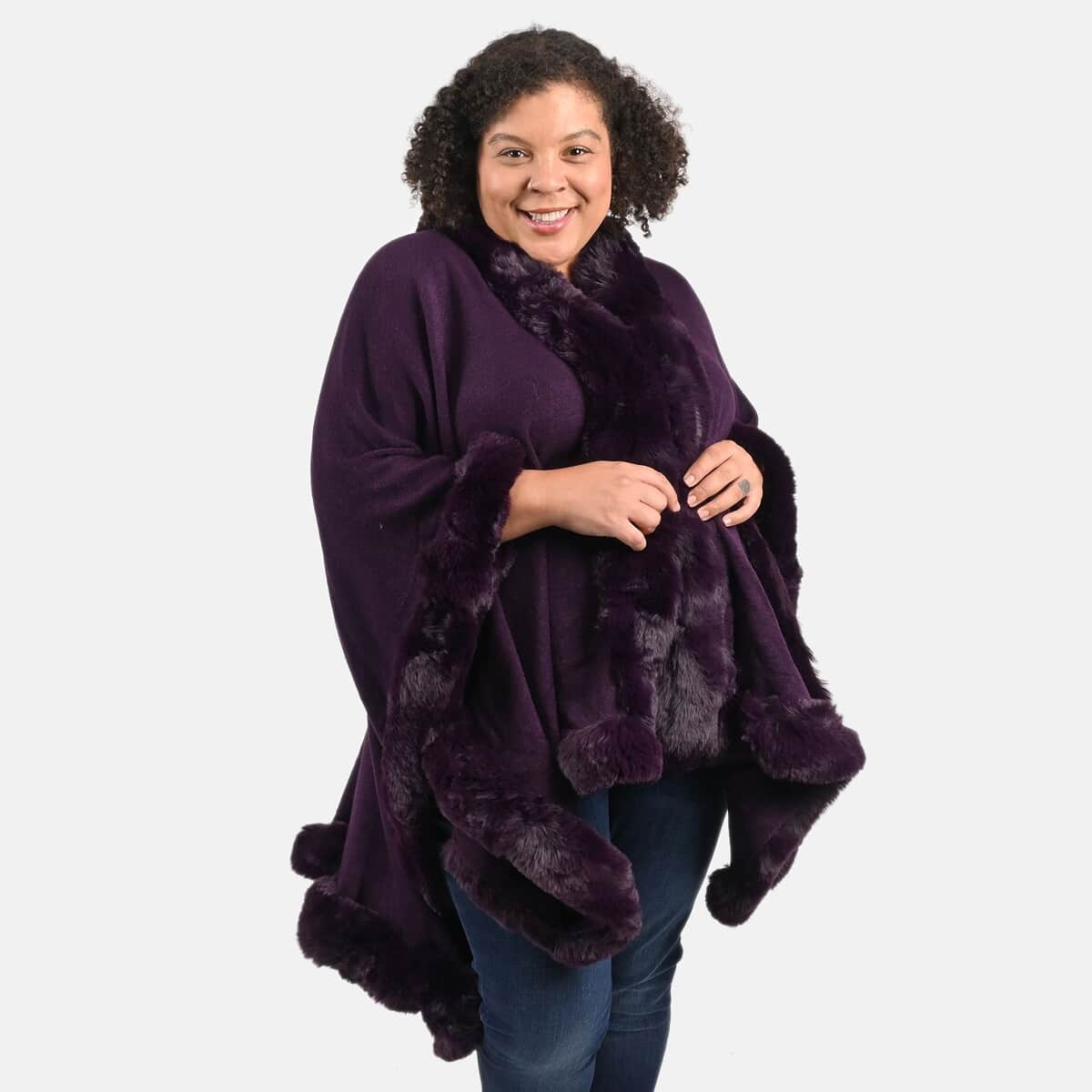 Tamsy Purple Ruana with Faux Fur Trim - One Size Fits Most image number 3