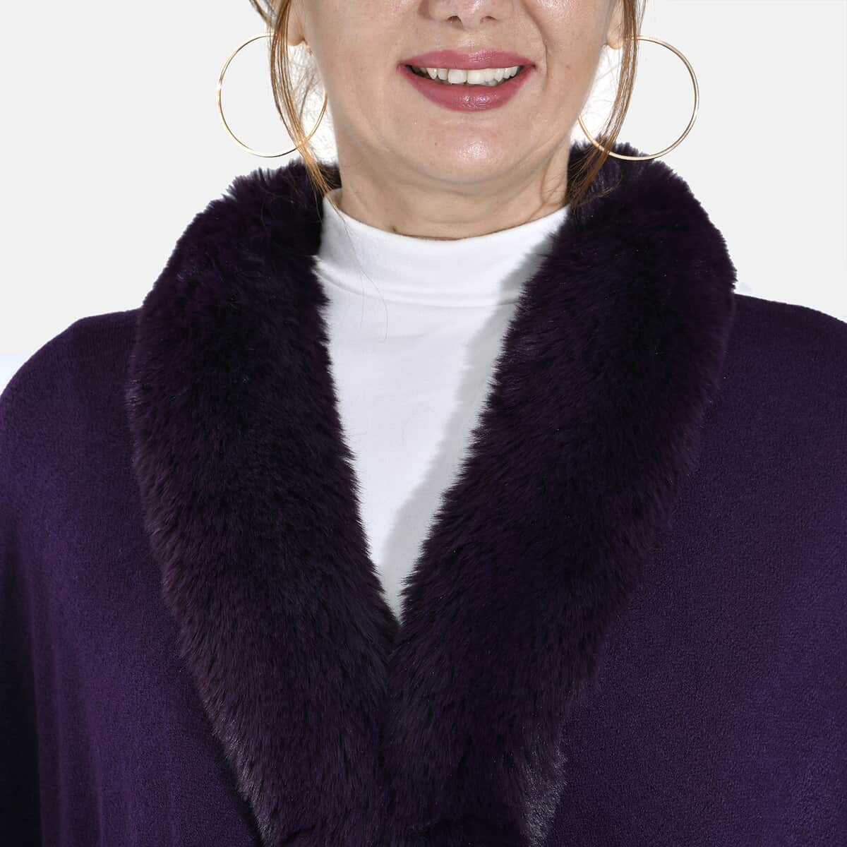 Tamsy Purple Ruana with Faux Fur Trim - One Size Fits Most image number 5