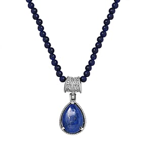 Lapis Lazuli Solitaire Pendant with Beaded Necklace (20 Inches) in Stainless Steel 77.60 ctw , Tarnish-Free, Waterproof, Sweat Proof Jewelry