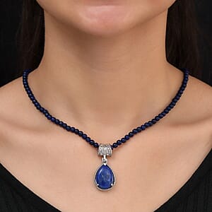 Lapis Lazuli Solitaire Pendant with Beaded Necklace (20 Inches) in Stainless Steel 77.60 ctw , Tarnish-Free, Waterproof, Sweat Proof Jewelry