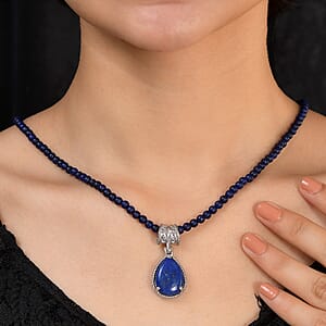 Lapis Lazuli Solitaire Pendant with Beaded Necklace (20 Inches) in Stainless Steel 77.60 ctw , Tarnish-Free, Waterproof, Sweat Proof Jewelry