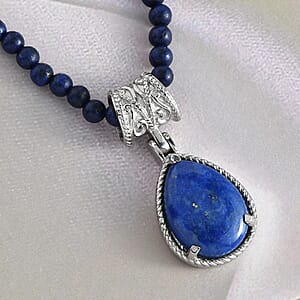 Lapis Lazuli Solitaire Pendant with Beaded Necklace (20 Inches) in Stainless Steel 77.60 ctw , Tarnish-Free, Waterproof, Sweat Proof Jewelry
