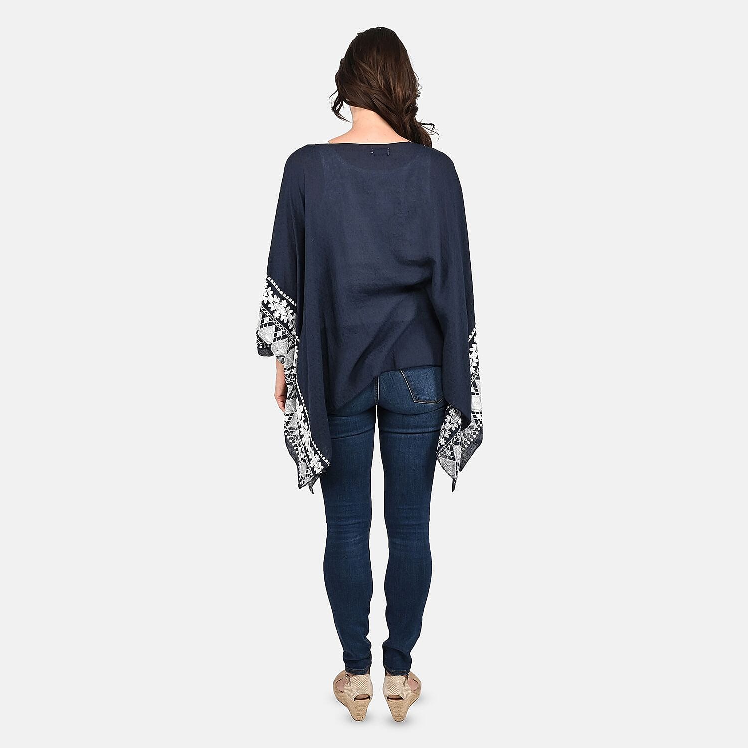 Tamsy Navy Boat Neck Embroidered Sleeve Kaftan - One Size Fits Most