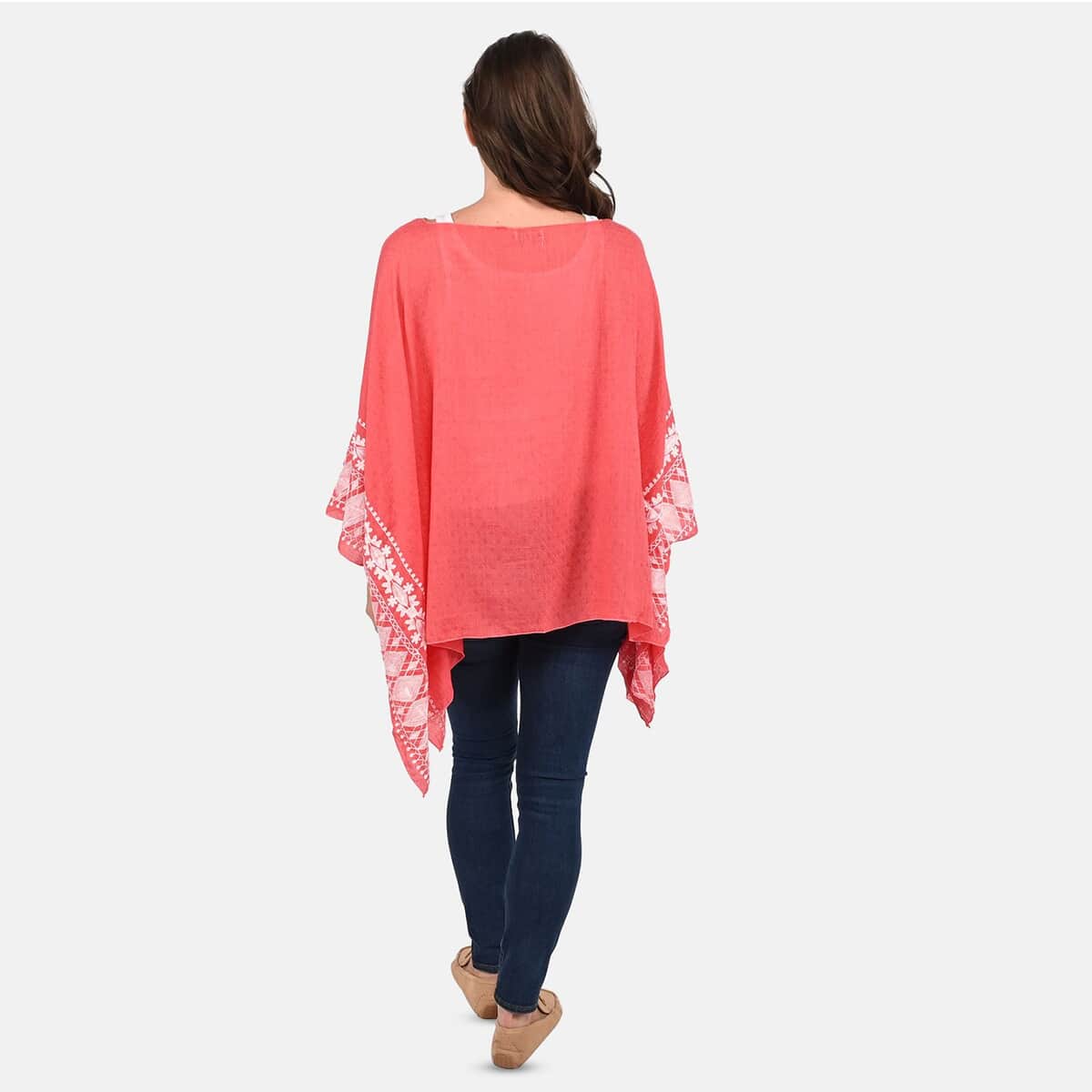 Tamsy Coral Boat Neck Embroidered Sleeve Kaftan - One Size Fits Most image number 1