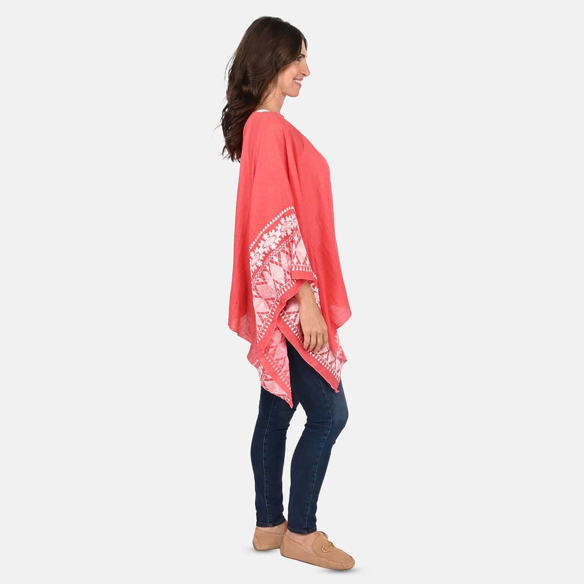 Tamsy Coral Boat Neck Embroidered Sleeve Kaftan - One Size Fits Most image number 2